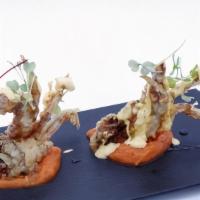 Deep-Fried Soft Shell Crab · Deep-fried soft shell crab served with eel sauce and creamy aji sauce.