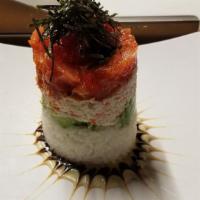 Salmon Tower · Sushi rice, krab salad, avocado, salmon, three kinds of tobiko, dried seaweed.
