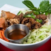 Grilled Lemongrass Pork · Contain nuts. Comes with chopped lettuce, bean sprouts, pickled carrots and daikon, diced cu...