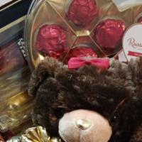 Medium Valentine Day Arrangement · MEDIUM TEDDY BEAR ARRANGEMENT WITH CANDY ETC