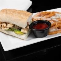 Steak & Cheese Sub · Steak & Cheese Sub
Choice of meat
Lettuce
Tomato
House Sauce
Served with French Fries