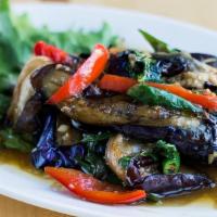Stir-Fried Eggplant (V) · Chinese eggplant stir fried with garlic & Thai basil