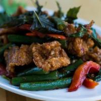 Beau Thai Chicken · Lightly battered & tossed in a spicy garlic sauce & string beans
