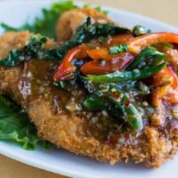 Crispy Tilapia · Lightly breaded & fried, with choice of spicy basil or black bean sauce