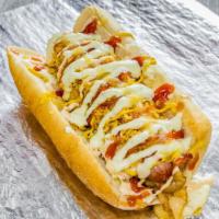  Big Hot Dog / Perro Caliente Grande · Bread, chicken sausage, cheese, bacon,  colombian house salad, crushed potato chips, sauces....