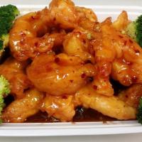 General Tso'S Shrimp · (spicy) deep-fried jumbo shrimp (12pcs) w. broccoli in sweet & spicy general sauce. Served w...