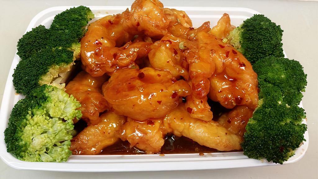 General Tso'S Shrimp · (spicy) deep-fried jumbo shrimp (12pcs) w. broccoli in sweet & spicy general sauce. Served w.  white rice.