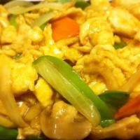 Curry Chicken · (spicy) w. carrot, mushroom, onion,snow pea,water chestnut. Served w.  white rice.