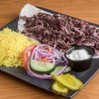 Beef Gyro Plate · Thin Sliced Beef Gyro served with Rice, Greek salad and Tzatziki souse.