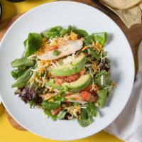 Grilled Chicken Salad · Spring mix, tomato, green onion, cilantro, low-fat cheese, cilantro-lime vinaigrette.