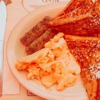 Sunrise Combo · Choice of two sausage or two bacon and choice of pancake or French toast served with two egg...
