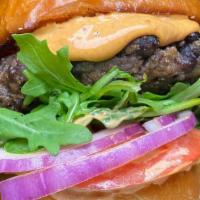 Black Bean Burger · Vegetarian black bean burger, quinoa, rice burger served with Chipotle Mayo, arugula, tomato...