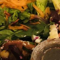 Powerhouse Salad · Mixed greens, honey, goat cheese, tomato, avocado, onion, HEX pickled beets, chick peas, cuc...