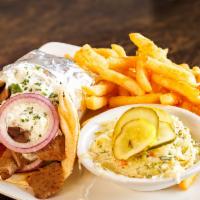 Gyro Dinner · Hand-carved seasoned lamb and beef on sliced pita, a side of tzatziki. Served with fries and...