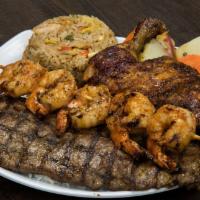 Mixed Grill · quarter dark chicken, tender steak and one shrimp skewer served with two sides