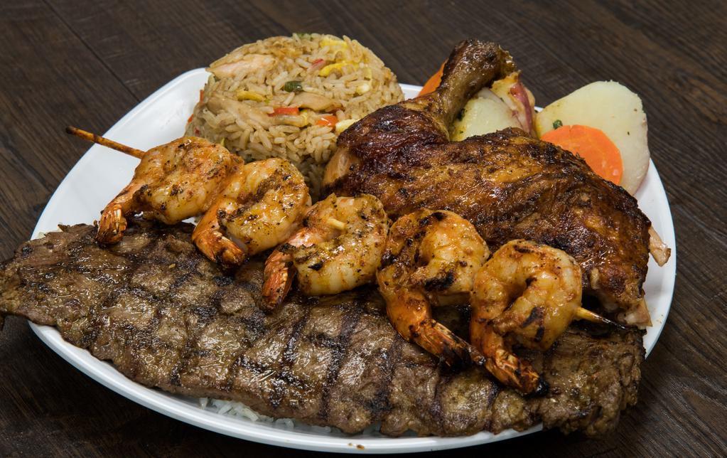 Mixed Grill · quarter dark chicken, tender steak and one shrimp skewer served with two sides