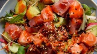 * Spicy Sashimi Salad · Spicy. Mixed green, tuna, salmon, and yellowtail with lemon sweet chili sauce.