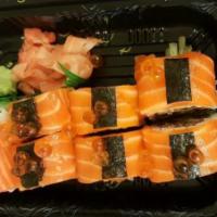 Ikura Salmon Roll · Salmon skin, cucumber topped with fresh salmon, seaweed, and salmon roe.
Consuming raw or un...