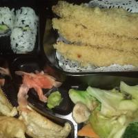 Shrimp Tempura Bento Box · Comes with miso soup and garden salads on the side.