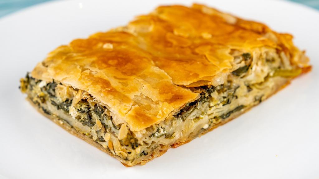Spinach Pie · Baby spinach, scallions, dill, and feta, baked in phyllo.