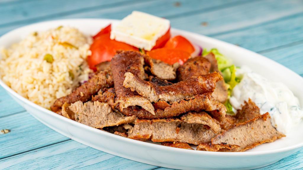 Gyro Plate · Marinated beef and lamb mix served with tzatziki and side Greek salad.