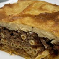 Pasticchio · Seasoned beef layered with pasta and topped with bechamel.