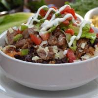Naked Burrito Bowl · Choose from: shredded chicken, pork carnitas, spicy steak, vegetarian, ground beef, barbacoa...