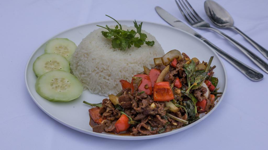 Basil Pad Ka Prow  · Stir-fried with your choice of meat (Chicken, Beef, or Shrimp), Tofu or Just Veggies, Onion, fresh garlic, and bell peppers with chili basil sauce. Served with a side of Jasmine steamed rice.