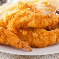 Chicken Tenders With Fries · Seasoned and breaded fried chicken strips. Served with your choice of a dipping sauce, side ...