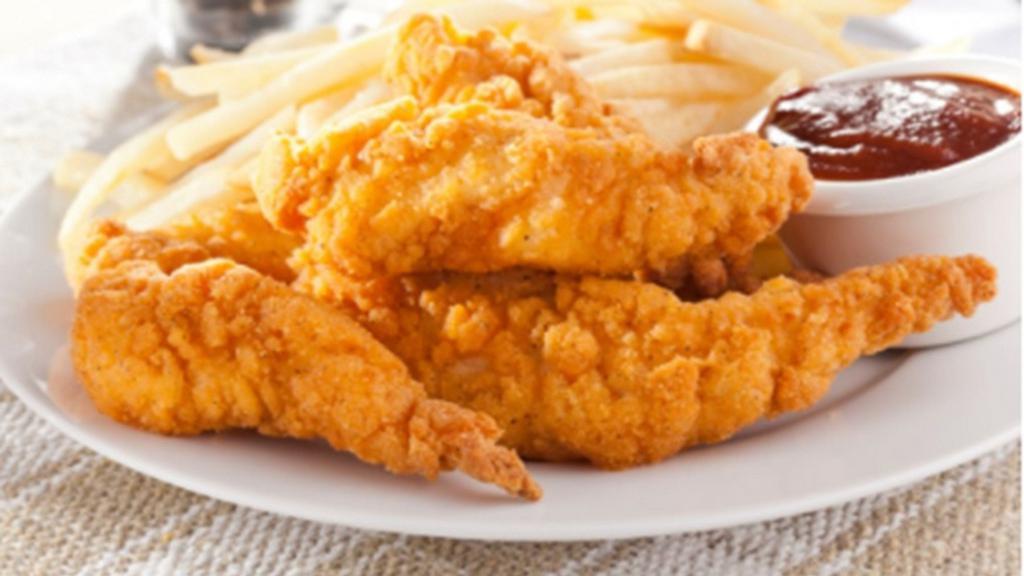 Chicken Tenders With Fries · Seasoned and breaded fried chicken strips. Served with your choice of a dipping sauce, side of French Fries, and Ketchup.