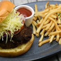 Kid'S Hamburger · Grilled & served on a toasted bun with lettuce, tomato and fries.
