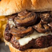 Truffle-Maker Burger · Truffle mayo, Grilled mushrooms, and Swiss cheese on a toasted bun.