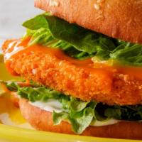 Buffalo Chicken Tender Sandwich · Chicken Tenders, Swiss Cheese, Pickles, Lettuce, Tomato, Red Onions, Ranch on a toasted Hawa...