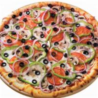 Spring Veggie Pizza · Traditional red pizza sauce, mushrooms, green peppers, black olives, tomatoes, red onions an...