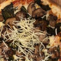 Roasted Wild Mushroom Flatbread · San marzano tomato sauce, kale, onion, smoked mozzarella, roasted mushrooms, grana padano ch...