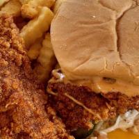 Slider (1) & Tender (1) & Fries · Crispy chicken tender, American cheese, slaw, pickles, Nashville comeback sauce and white br...
