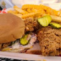 Tenders (2) &Fries · White bread, bread & butter pickles, Nashville comeback sauce on the side and crinkle cut fr...