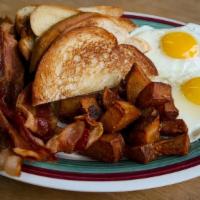 2 Egg Breakfast Plate · 2 Eggs with two servings of Sausage, Ham or Bacon, Potatoes & two pieces of Toast or one Bis...