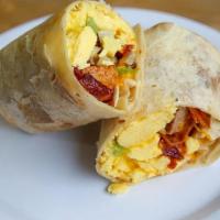 Meat & Potato Breakfast Burrito · Bacon, Sausage, Egg, Onion, Peppers, Potato & Cheese