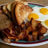 3 Egg Breakfast Plate · 3 Eggs with three servings of Sausage, Ham or Bacon, Potatoes & 4 pieces of Toast or two Bis...