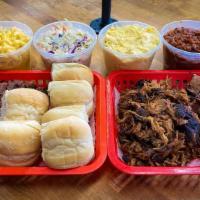 Family Pack · Serves 4-6 . 3 Pounds of your choice of meat. 4 pints of our homemade sides. 6 rolls