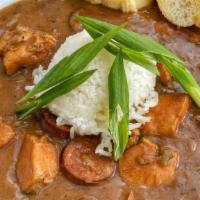 Gumbo Bowl · Louisiana stew loaded with chicken, andouille sausage and okra cooked slowly in rich spicy r...