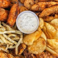 Sampler Platter · Popcorn shrimp, chicken strips, catfish, chicken wings, zucchini, choice of fries or potato ...