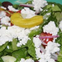 Greek Salad (Gf) · Romaine lettuce, tomatoes, cucumbers, green peppers, onion, olives, red onion, pepperoncini,...