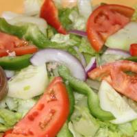 House Salad (Gf ) · Romaine lettuce, tomatoes, cucumbers, onions, red & green peppers, balsamic vinaigrette (veg...