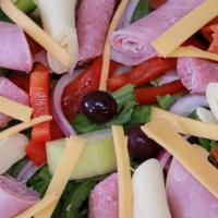 Antipasta Salad (Gf) · Romaine & iceberg lettuce, italian meats, cheeses, green peppers, olives, tomatoes, cucumber...
