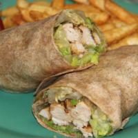 Chicken Caesar Wrap · Grilled chicken, romaine lettuce, caesar dressing, croutons, parmesan cheese.