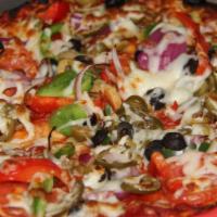 Veggie Pizza · Tomatoes, Mushrooms, Roasted Peppers, Green Peppers, Black and Green Olives, Shredded Mozzar...
