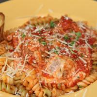 Fusilli Pasta ( Vegetarian Available ) · Fusilli pasta with chicken and vegetable in pesto marinara sauce, Caesar salad, garlic bread.