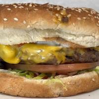 Cheese Burger · Beef pattie, American cheese, pickles, lettuce, tomato, onion, mayo and ketchup.